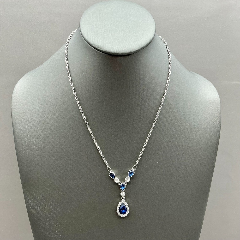 Charter Club Necklace Blue Teardrop‎ Crystal Pendant Silver Tone 18-20 In